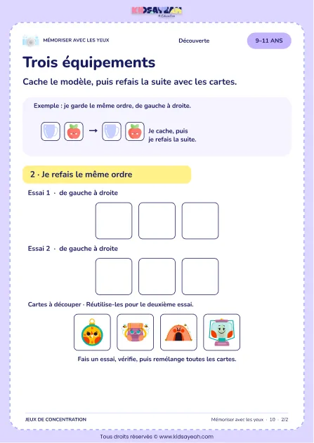 Trois équipements – jeu de mémoire visuelle à imprimer pour les enfants de 9–11 ans – page 2 : page 2 : 2/2