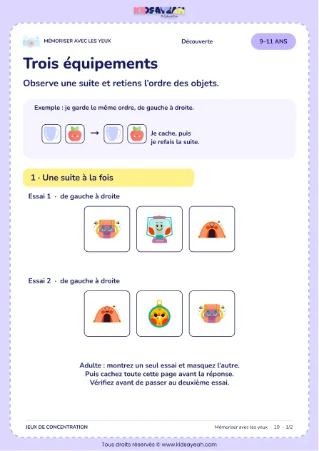 Trois équipements – jeu de mémoire visuelle à imprimer pour les enfants de 9–11 ans