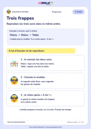 Trois frappes – jeu d’écoute et d’attention à imprimer pour les enfants de 7–8 ans