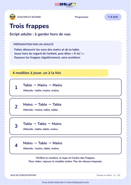 Trois frappes – jeu d’écoute et d’attention à imprimer pour les enfants de 7–8 ans – page 2 : page 2 : 2/2 — Script adulte