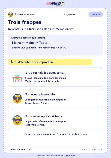 Trois frappes – jeu d’écoute et d’attention à imprimer pour les enfants de 7–8 ans