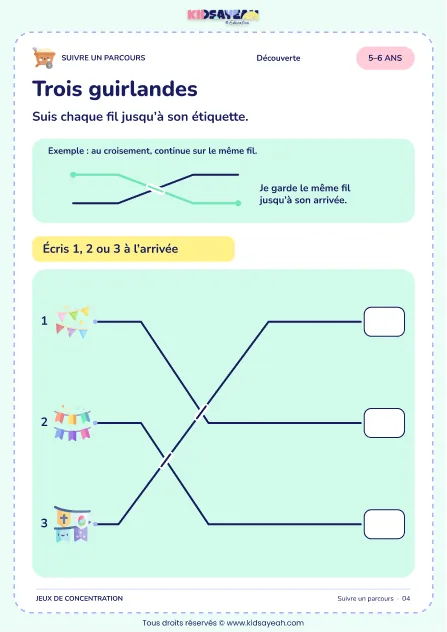 Trois guirlandes – parcours visuel à imprimer pour les enfants de 5–6 ans