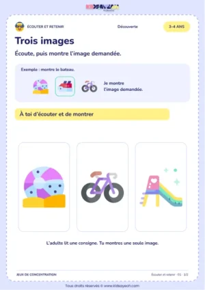 Trois images – jeu d’écoute et d’attention à imprimer pour les enfants de 3–4 ans