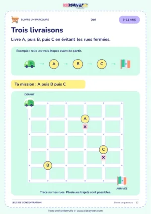Trois livraisons – parcours visuel à imprimer pour les enfants de 9–11 ans