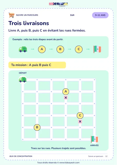 Trois livraisons – parcours visuel à imprimer pour les enfants de 9–11 ans