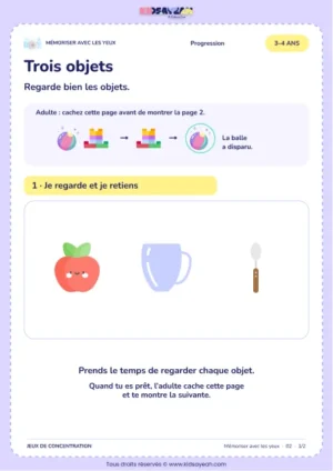 Trois objets – jeu de mémoire visuelle à imprimer pour les enfants de 3–4 ans