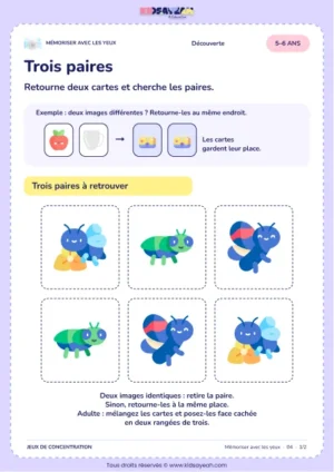 Trois paires – jeu de mémoire visuelle à imprimer pour les enfants de 5–6 ans