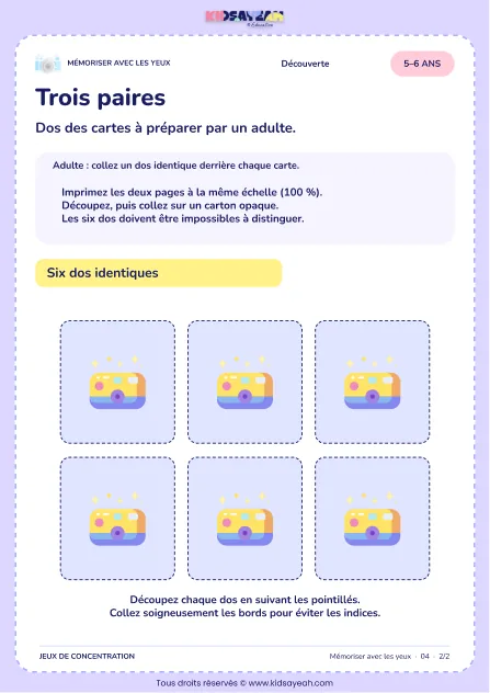 Trois paires – jeu de mémoire visuelle à imprimer pour les enfants de 5–6 ans – page 2 : page 2 : 2/2