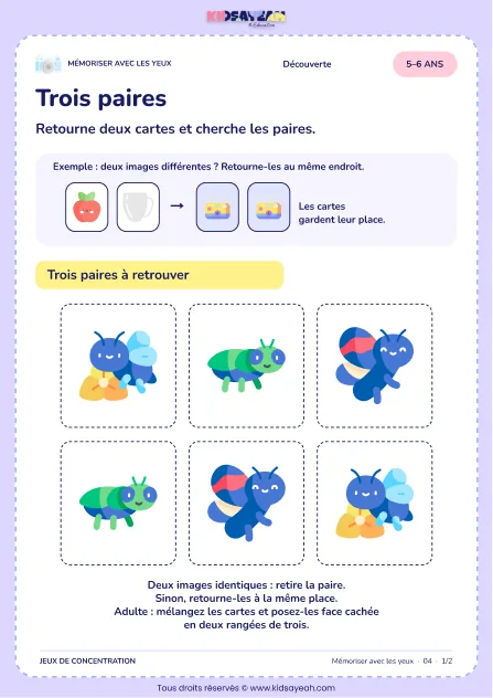 Trois paires – jeu de mémoire visuelle à imprimer pour les enfants de 5–6 ans