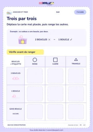 Trois par trois – activité de tri et d’association à imprimer pour les enfants de 7–8 ans