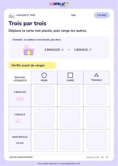 Trois par trois – activité de tri et d’association à imprimer pour les enfants de 7–8 ans