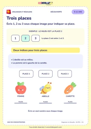 Trois places – jeu de logique et d’organisation à imprimer pour les enfants de 9–11 ans