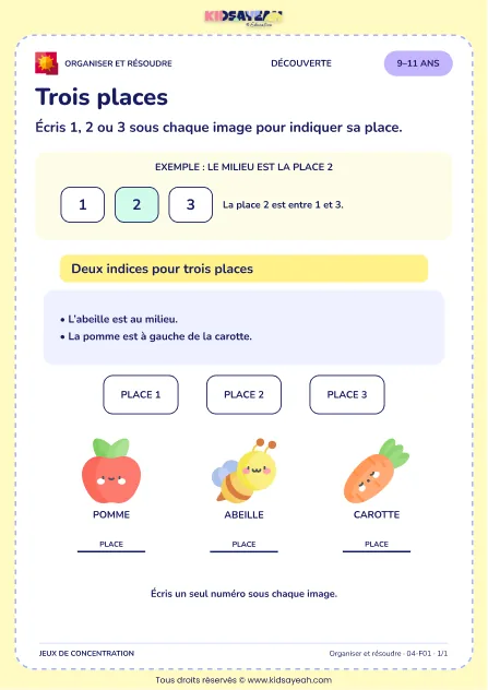 Trois places – jeu de logique et d’organisation à imprimer pour les enfants de 9–11 ans