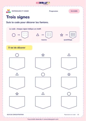 Trois signes – jeu de codes et modèles à imprimer pour les enfants de 5–6 ans