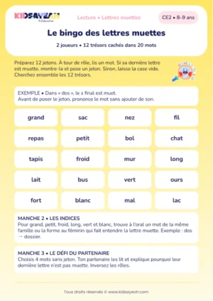 trouver douze lettres finales muettes dans un bingo au CE2 — aperçu de la fiche CE2 à imprimer