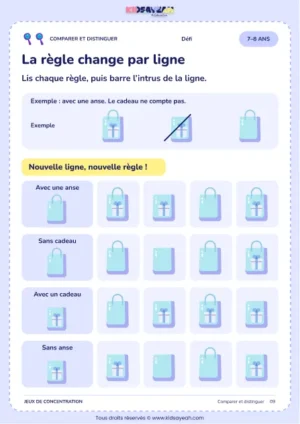 Trouver un intrus selon quatre règles différentes parmi des sacs - jeu 7–8 ans
