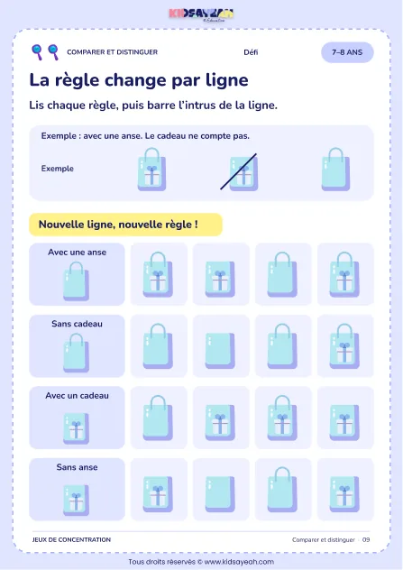 Trouver un intrus selon quatre règles différentes parmi des sacs - jeu 7–8 ans