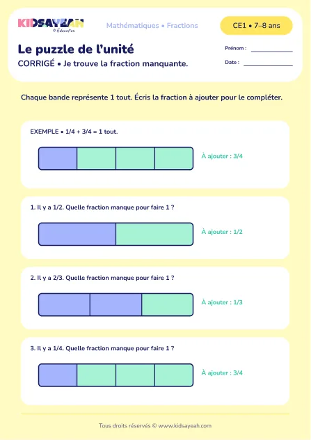 Corrigé - trouver la fraction manquante pour faire 1 au CE1