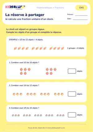 Trouver la moitié, le quart et le cinquième d’un stock au CM1 : aperçu de la fiche La réserve à partager