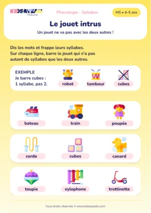 Trouver le jouet intrus selon le nombre de syllabes en MS — aperçu de la fiche à imprimer