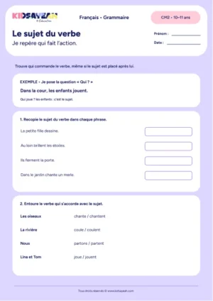 trouver le sujet du verbe au CM2 - fiche élève