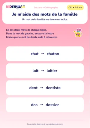 trouver les lettres muettes de chat, lait, dent et dos au CE1 — aperçu de la fiche CE1 à imprimer