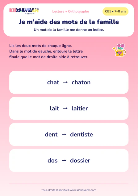 trouver les lettres muettes de chat, lait, dent et dos au CE1 — aperçu de la fiche CE1 à imprimer