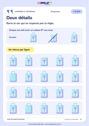 Trouver le sac sans cadeau ou sans anse dans quatre lignes - jeu 7–8 ans