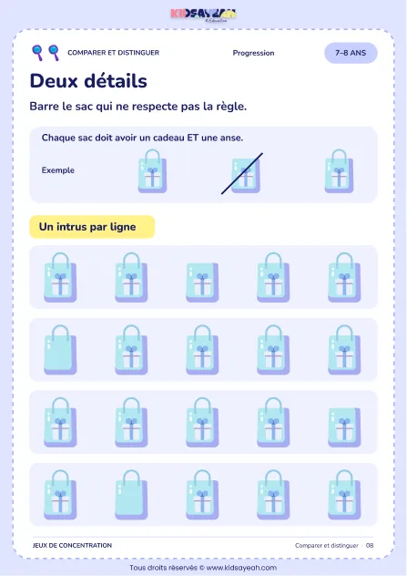 Trouver le sac sans cadeau ou sans anse dans quatre lignes - jeu 7–8 ans