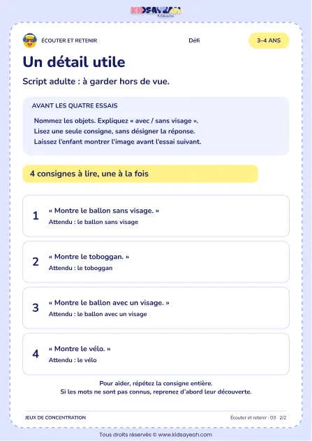 Un détail utile – jeu d’écoute et d’attention à imprimer pour les enfants de 3–4 ans – page 2 : page 2 : 2/2 — Script adulte
