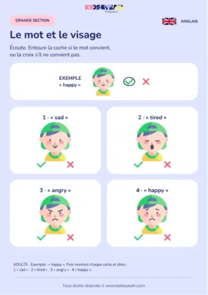 Vérifier un mot anglais associé à une émotion en GS — fiche enfant
