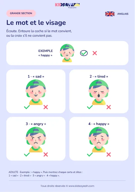 Vérifier un mot anglais associé à une émotion en GS — fiche enfant