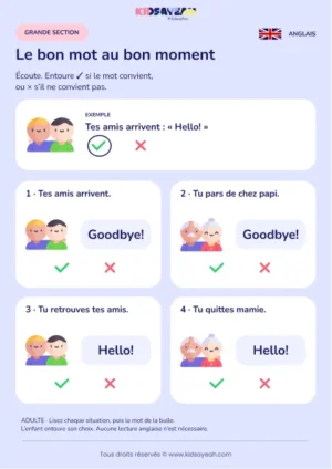 Vérifier une salutation anglaise selon la situation en GS — fiche enfant