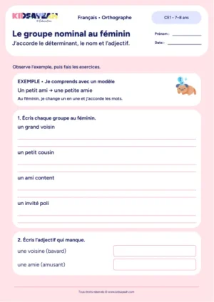 Accorder le groupe nominal au féminin au CE1 — exercices à imprimer