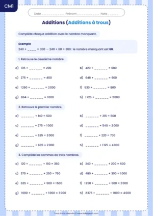 Compléter des additions à trous de nombres entiers au CM1 : fiche Additions à trous