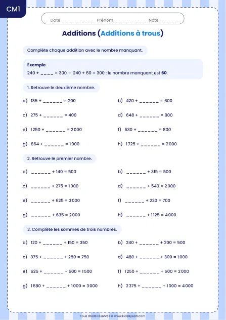 Compléter des additions à trous de nombres entiers au CM1 : fiche Additions à trous