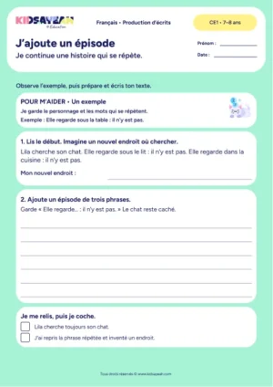 Ajouter un épisode à la recherche du chat de Lila au CE1 — fiche de production d’écrits à imprimer