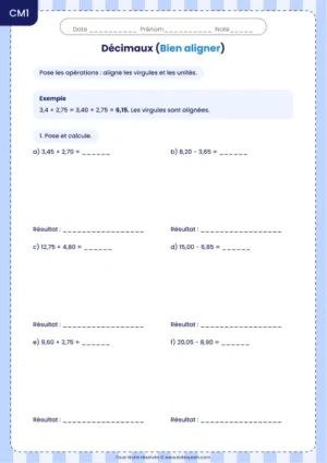 Aligner les virgules dans les additions et soustractions au CM1 : fiche Bien aligner