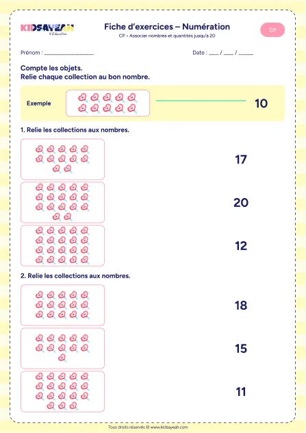Fiche : associer collections et nombres jusqu’à 20 CP