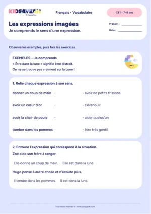 Associer coup de main cœur d’or et autres expressions à leur sens au CE1 — fiche à imprimer