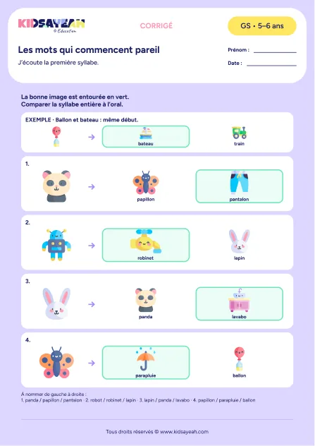 Associer la première syllabe de mots illustrés en GS — corrigé