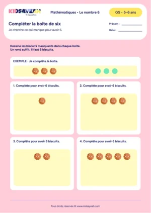 Dessiner les biscuits manquants dans une boîte de 6 en GS — fiche à imprimer