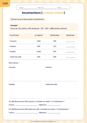 Calculer un stock restant après des distributions au CM1 : fiche Le stock restant