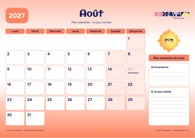 Août 2027 : calendrier à imprimer avec grille hebdomadaire et moments du mois