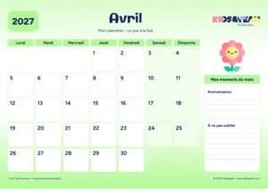 Avril 2027 : calendrier à imprimer avec grille hebdomadaire et moments du mois