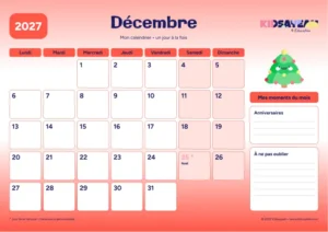 Décembre 2027 : calendrier à imprimer avec grille hebdomadaire et moments du mois
