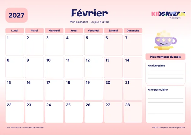 Février 2027 : calendrier à imprimer avec grille hebdomadaire et moments du mois