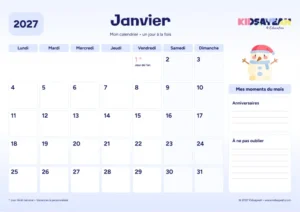 Janvier 2027 : calendrier à imprimer avec grille hebdomadaire et moments du mois