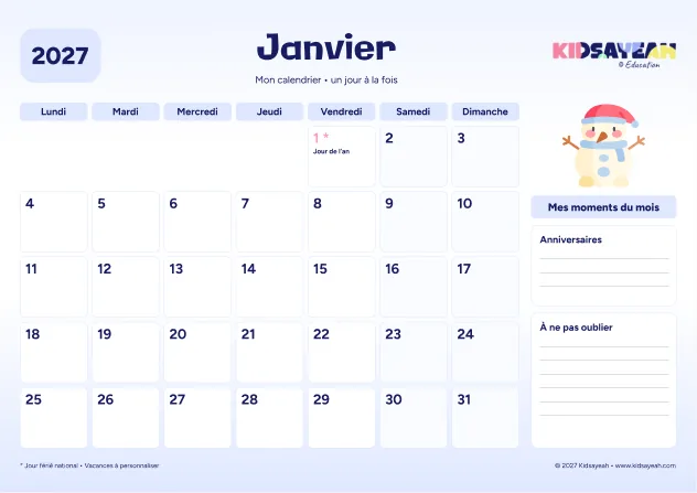 Janvier 2027 : calendrier à imprimer avec grille hebdomadaire et moments du mois