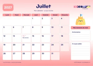 Juillet 2027 : calendrier à imprimer avec grille hebdomadaire et moments du mois